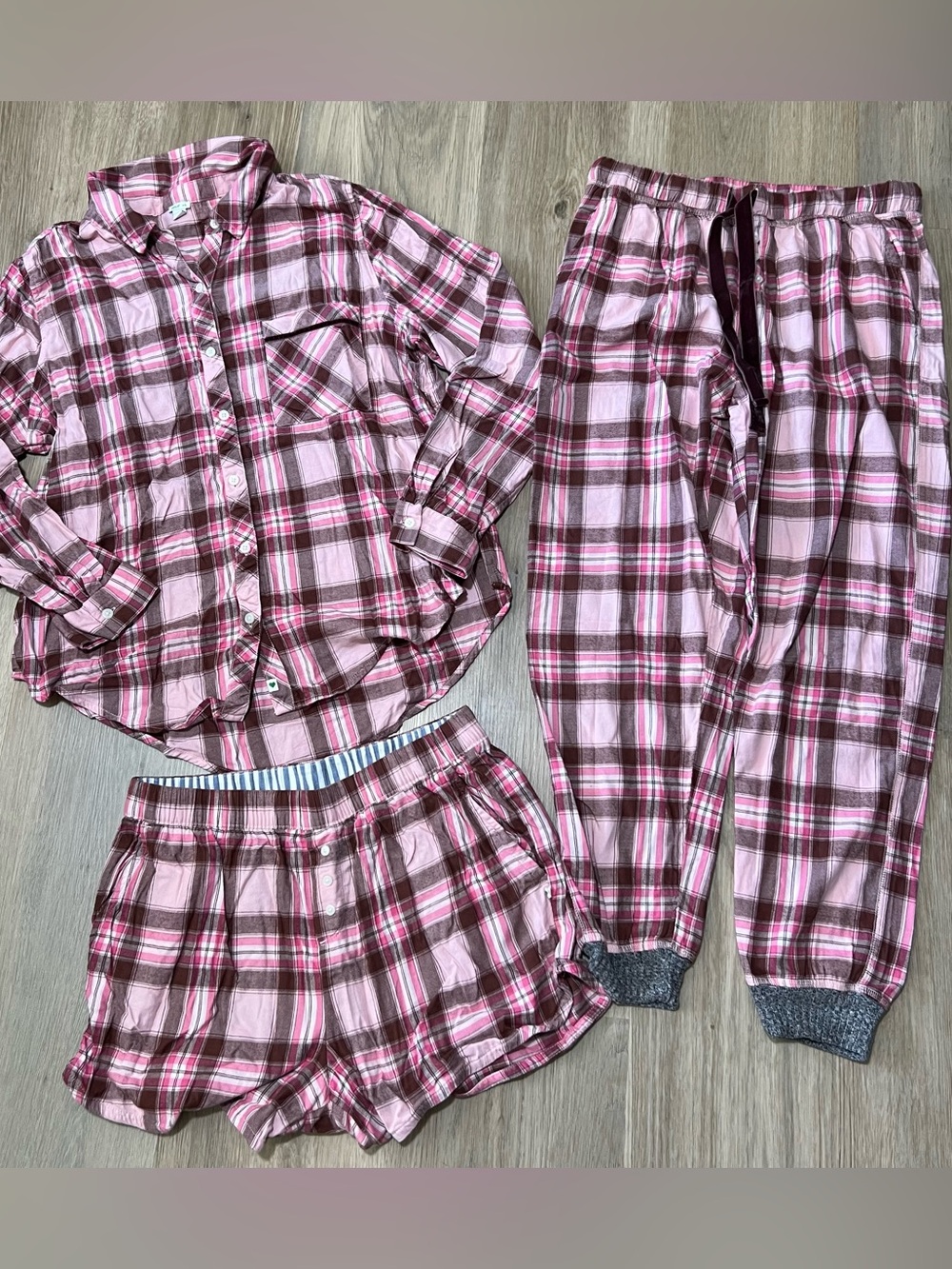 Aerie pink plaid pajama three piece set size medium